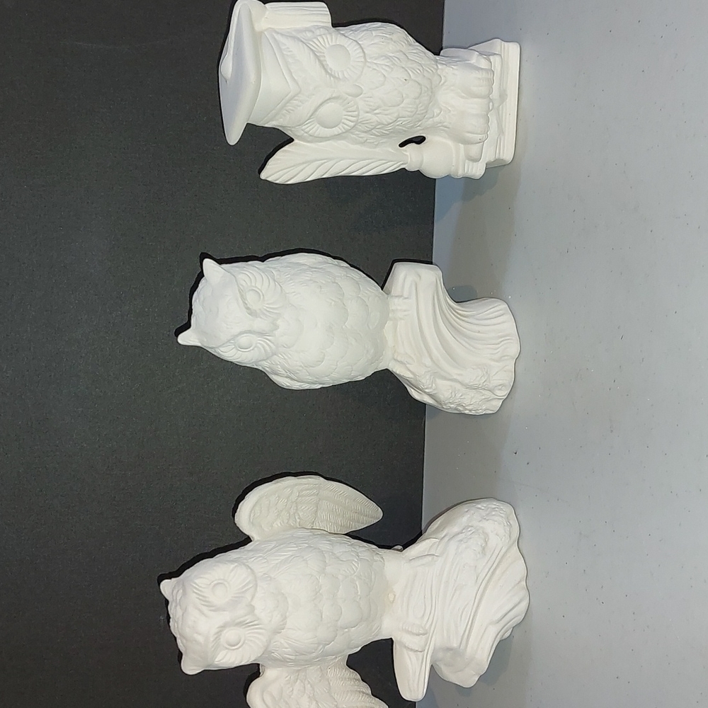 Lot of 3 Ceramic Bisque Ready to Paint Owls - Unpainted 8"